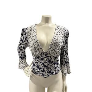 Free People Lady Bohemian Bell Floral Crop Smock Top Navy Boho Button Blouse Lrg